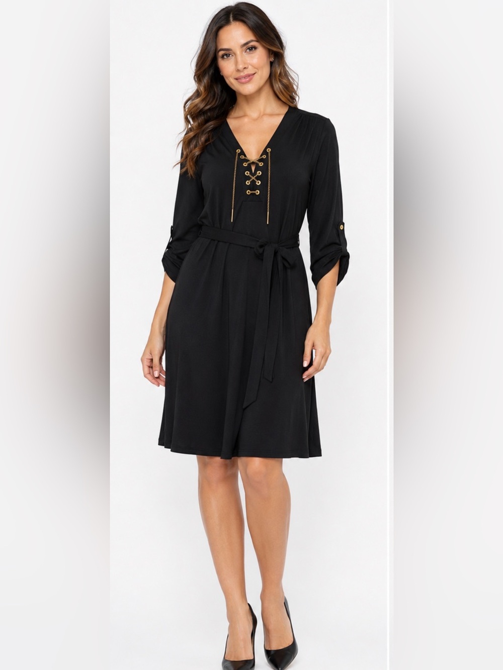 MICHAEL Michael Kors Black Gold Chain Lace-Up Dress – Size M